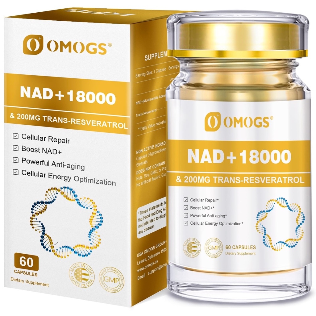 OMOGS NAD+ 300 mg + Trans-Resveratrol 200 mg, reine NAD-Ergänzung, Max Absorption, Boosting-Ergänzung für DNA-Reparatur, Gesundes Altern, Cellular Energy & Longevity, 60 Kapseln