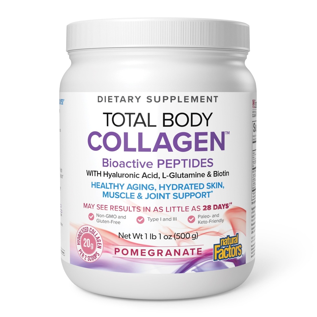 Natürliche Faktoren Total Body Collagen - bioaktive Collagen Ergänzung für Haare & Nail Wachstumsunterstützung - Gesunde Haut Ergänzung mit Protein, Vitamin C & Mehr - Granatapfel, 500 g (38 Servietten)