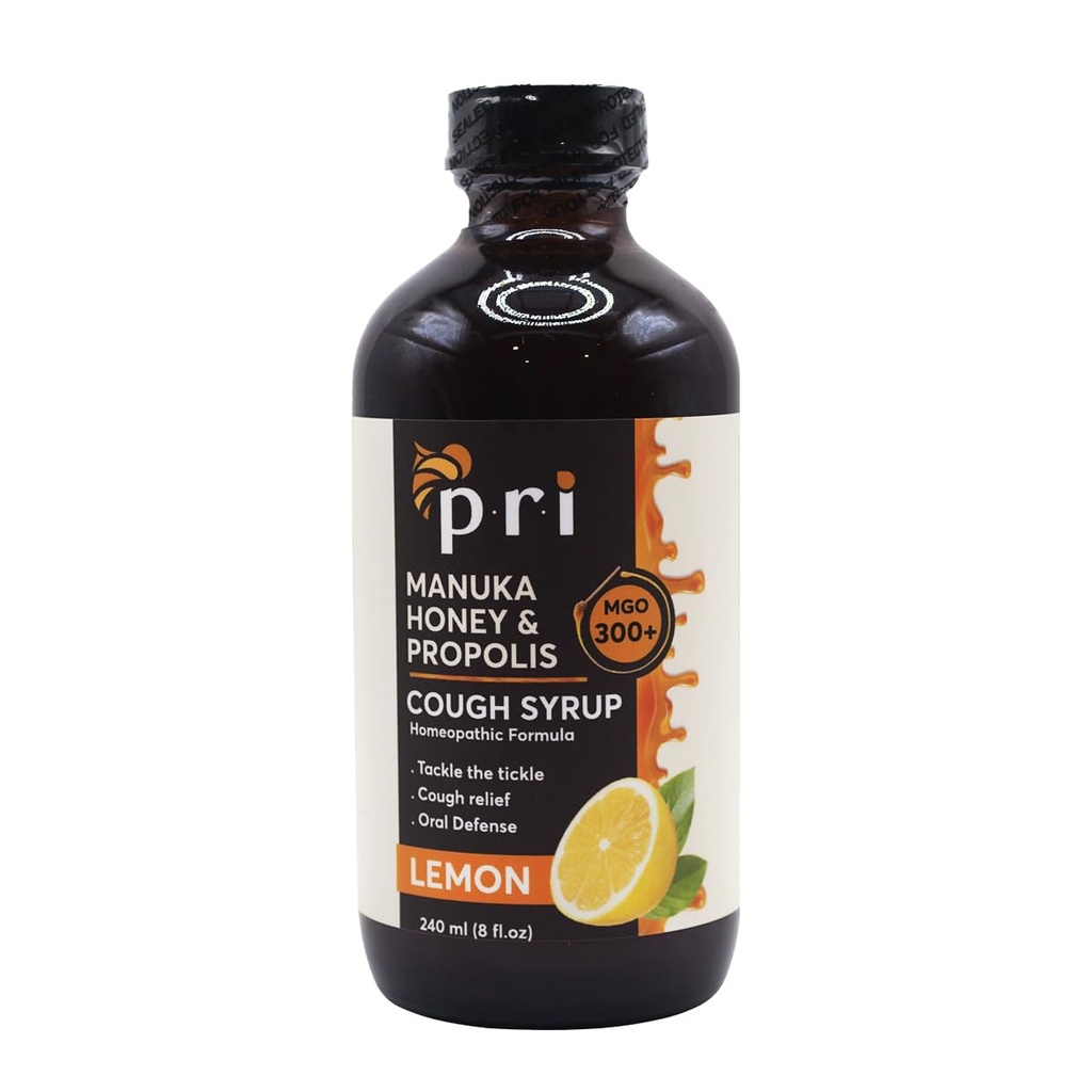 P.R.I Natürlicher trockener Hustensirup mit Manuka Honig, Propolis, Teebaumöl und Vitamin C - Sore Throat & Immununterstützung, Zitronengeschmack, 8oz