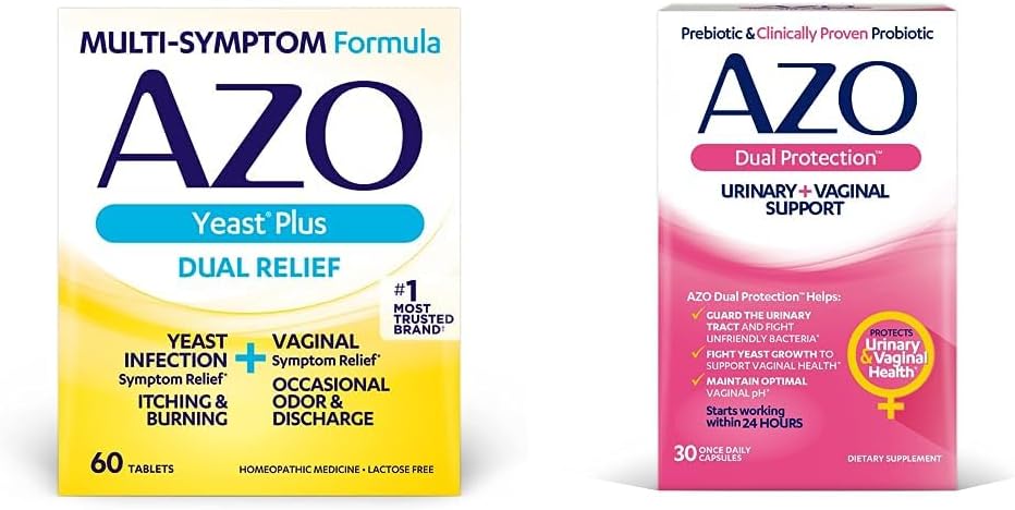 AZO Yeast Plus Dual Relief 60 Tabletten, Yeast Infection & Vaginal Symptom Relief + Dual Protection, Urinary + Vaginal Support*, Prebiotic Plus Klinisch Provenienz Frauen Probiotic 30 Count