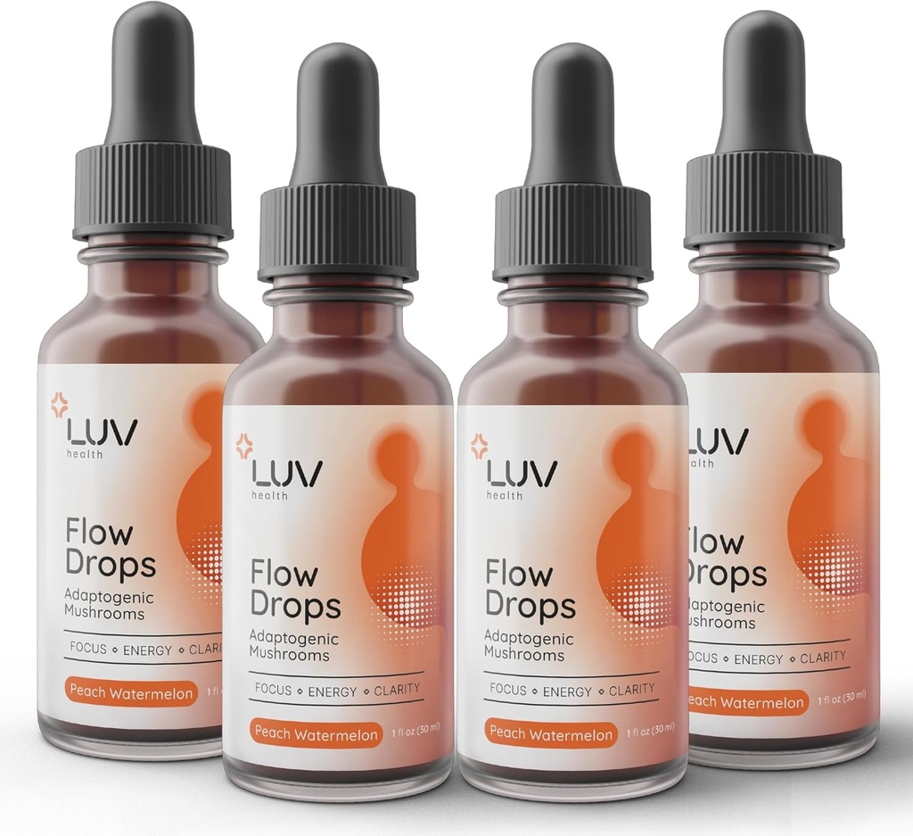LUV-Gesundheit Flow Drops® – Energie-Ergänzung für Fokus, Mental Clarity & Immune Support - Adaptogene Pilze mit Lion’s Mane, Cordyceps, Reishi, Chaga & Turkey Tail – Vegan, Made in USA 4-Pack