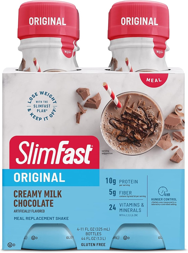 SlimFast Meal Ersatz Shake, Original Creamy Milk Chocolate, 10g Ready to Drink Protein for Weight Loss, 11 Fl. Oz Bottle, 4 Count (Packaging May Vary)
