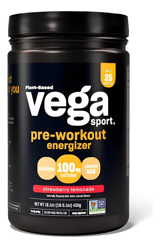 Vega Sport Pre-Workout Energizer, Erdbeer-Lemonade - Pre Workout Pulver für Damen und Herren, unterstützt Energie und Fokus, Elektrolyte, Vegan, Keto, Glutenfrei, Non GMO, 1.1 lbs