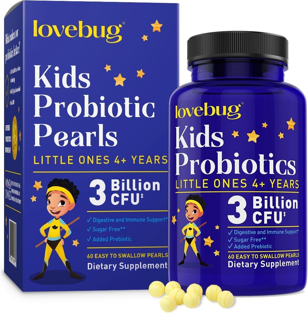 LOVEBUG Probiotika für Kinder - Kinder Probiotische Chewables mit Präbiotika für Aged 4+, Tägliche Kinder Gut Gesundheit, Verbrauch, Verdauungs- und Immununterstützungsergänzung, Sugar-Free, 60 Soft Pearls
