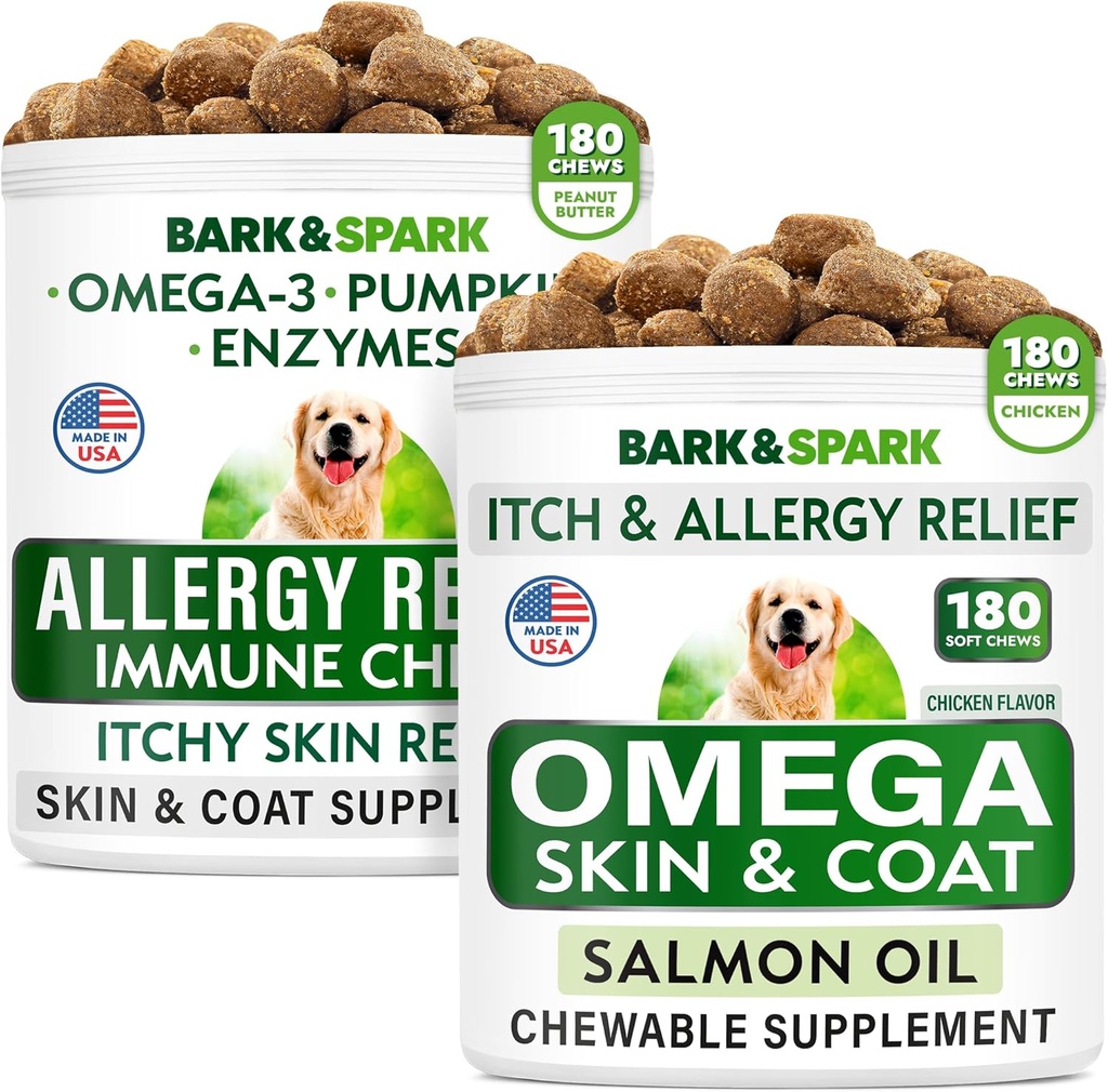 Allergy Relief + Omega 3 für Hunde Bundle - Anti-Itch Skin & Coat + Skin Allergy - Omega 3 Fish Oil + EPA & DHA Fettsäure - Juckreiz & Paw Licking + Gelenkgesundheit - 360 Chews - Made in USA