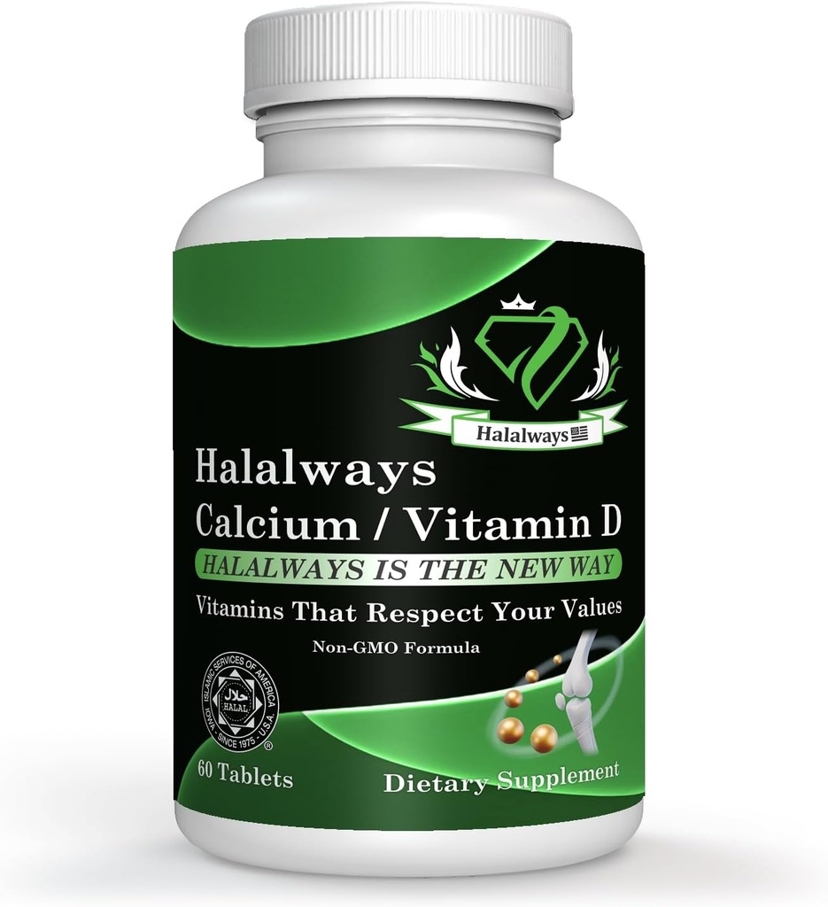 Halalways Calcium/Vitamin D Certified Halal Supplement Knochengesundheitsunterstützung, mit Calcium & Vitamin D, Nahrungsergänzungsmittel, Vitaminergänzungsmittel, für Männer & Frauen, (650mg Calcium, Vitamin D 10mcg)