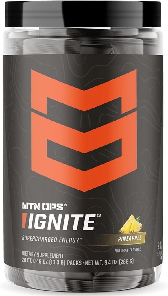 MTN OPS Ignite Trail Packs Energy Drink Powder, Gluten Free Nootropic Supplement Drink Mix, L Arginin, L Citrulline, Koffein & Nootropic Sugar Free Drink Mix, 20 Portionen, Ananas Crush
