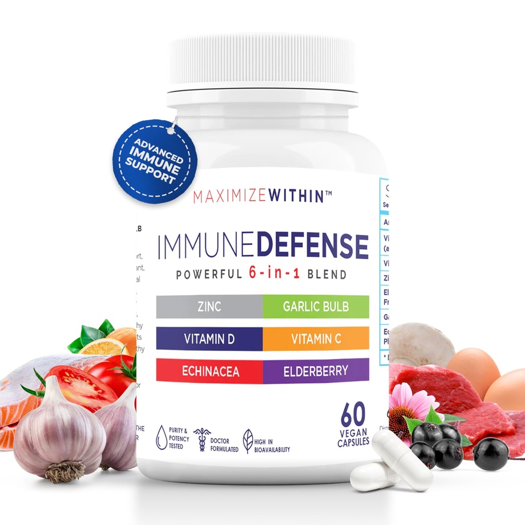 Maximale Slim Leistungsstarke 6-in-1 Immununterstützungsergänzung mit Zink, Vitamin C, Elderberry, Vitamin D, Echinacea, & Knoblauch, 60 Count