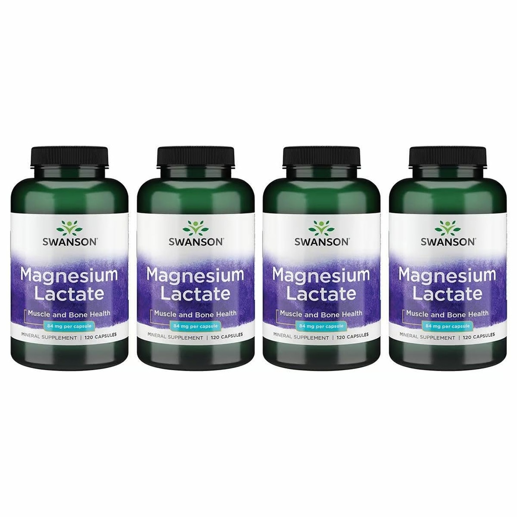Swanson Magnesium Lactate - Mineralische Ergänzung Förderung Muskel- und Knochengesundheitsunterstützung - Lactosefreie Lactate Mineralform für gesunde Absorption - (120 Kapseln, 84mg Jeder) 4 Packung