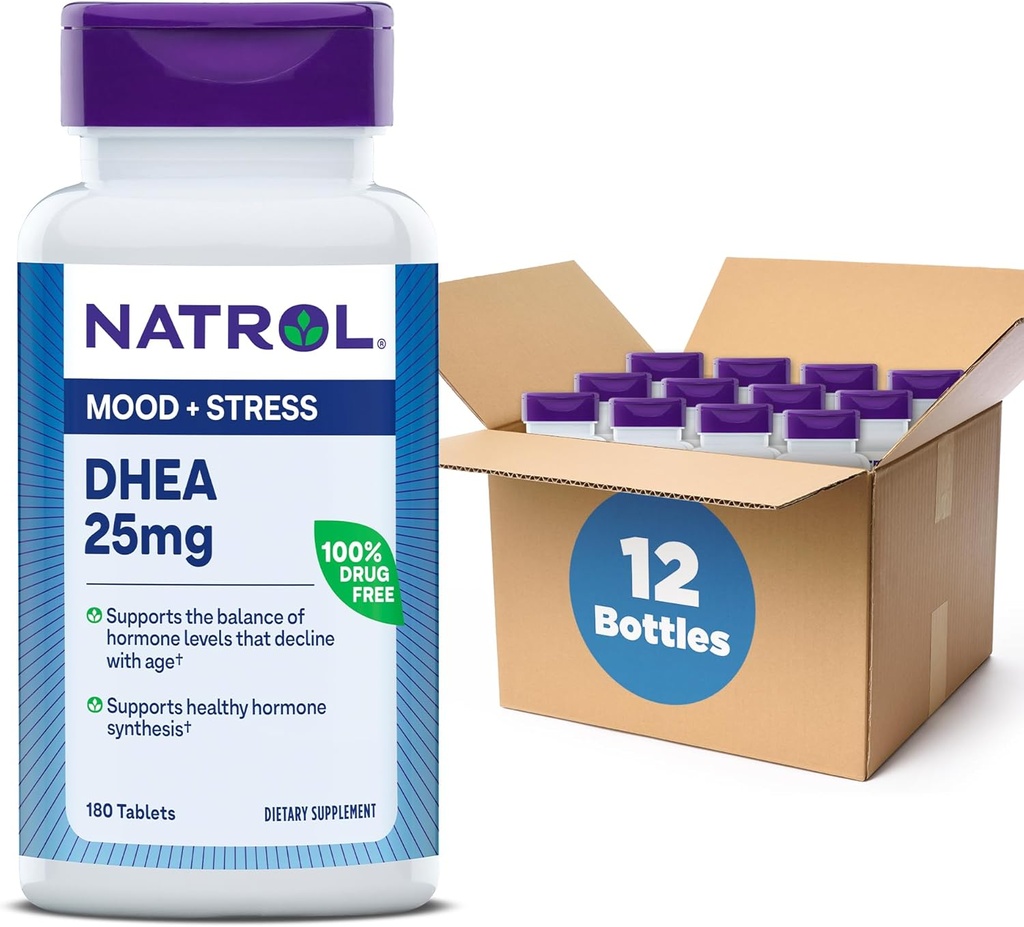 Natrol Mood & Stress DHEA 25mg mit Calcium, Nahrungsergänzung für Balance von bestimmten Hormon-Level und Mood-Unterstützung, 180 Tabletten, 180 Tage Versorgung (Pack von 12)