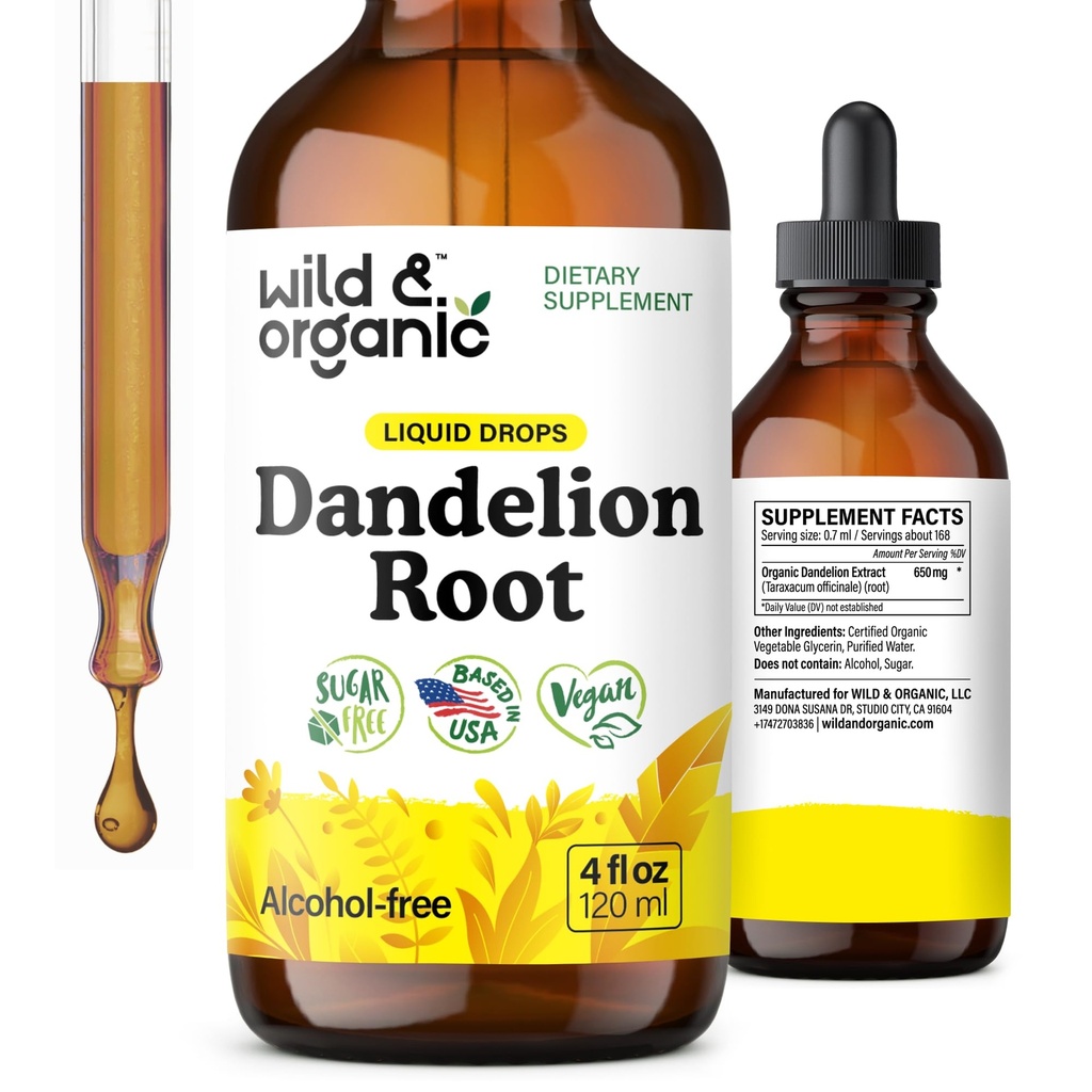Wild & Organic Dandelion Root Extract Drops - Liver Cleanse Detox Support - Dandelion Tincture for Liver Health - Vegan, Zucker & Alkoholfreie Flüssigergänzung - 4 oz