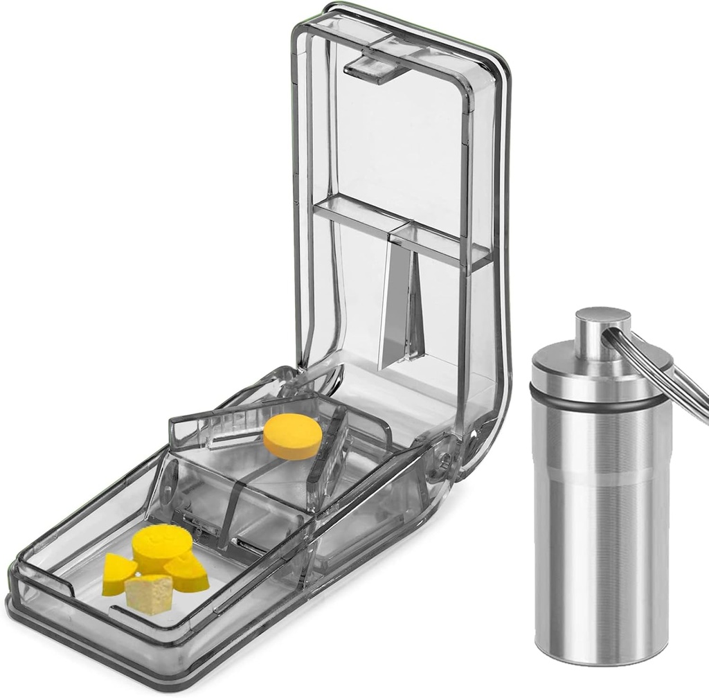 JohnBee Pille Cutter | Beste Pille Cutter für kleine oder große Pillen | Entworfen in den USAs Schneidet Vitamine | Pille Splitter mit Shield | Includes Keychain Pill Holder (Gray)
