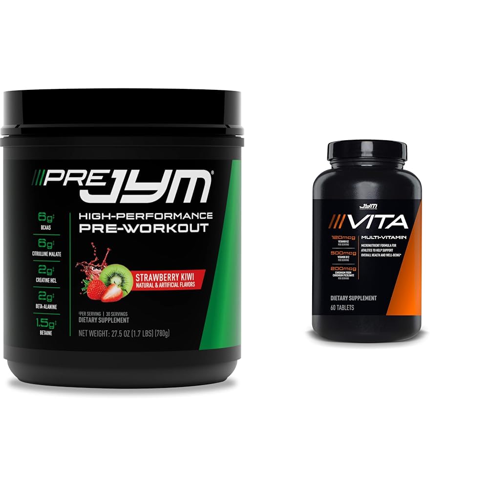 JYM Supplement Science PRE JYM 30 Portionen - Erdbeer Kiwi & Tamin & Mineral Support, Vitamin A, C, B6, B12, E, K, Boron, Biotin, Kalium 60 Tabletten