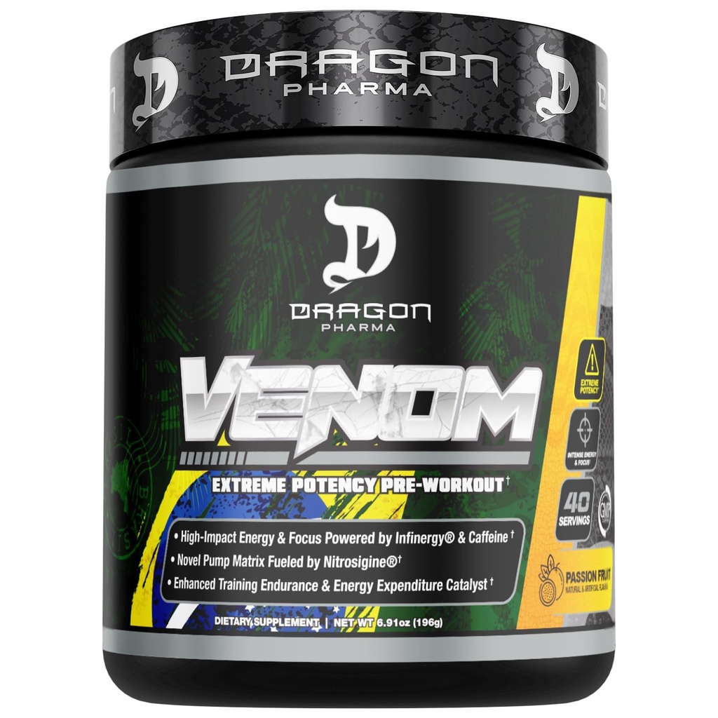 DRAGON PHARMA Venom Extreme Potency Pre-Workout, Laser Sharp Focus + Energy, Intense Performance, Proven Ingredients for Enhanced Vasodilation & Endurance (40 Servierungen, Passionsfrucht)