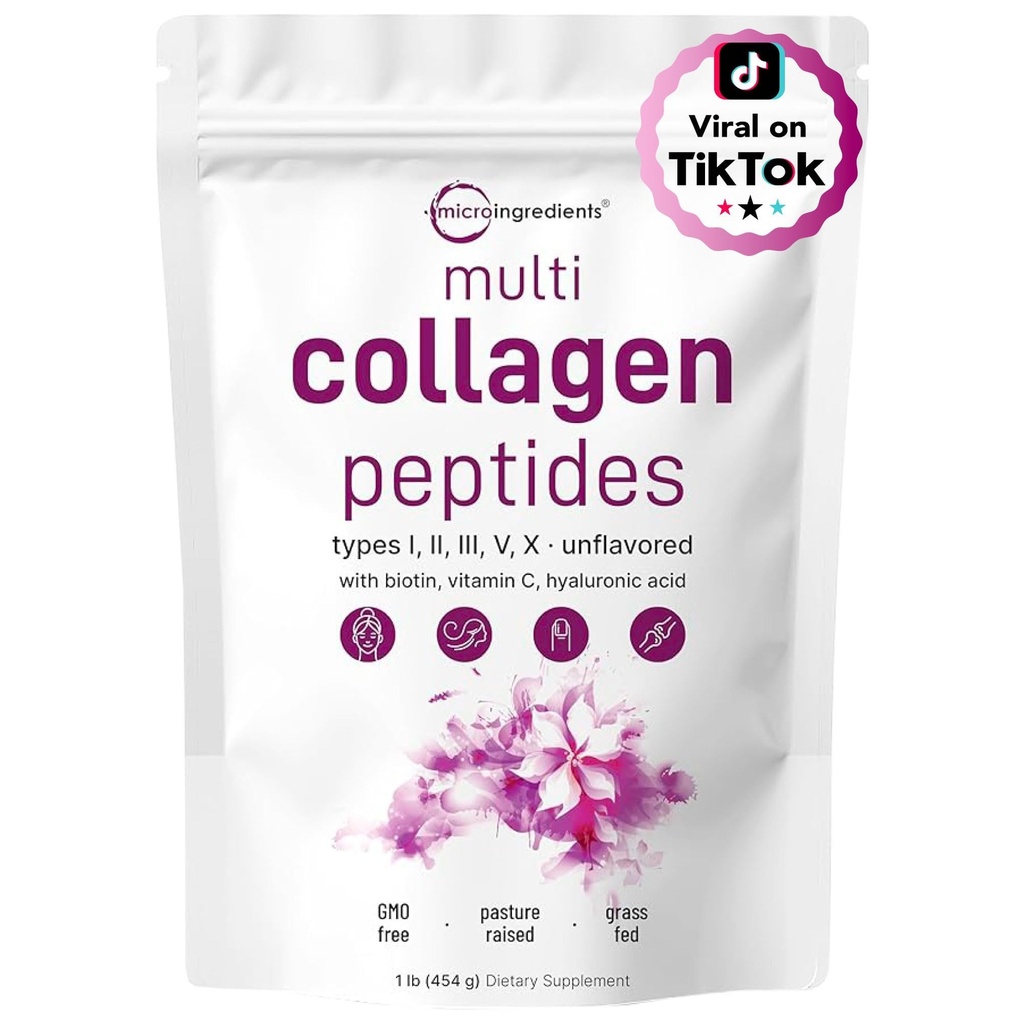 Micro Ingredients Multi Collagen Peptide Powder, 16oz | Full Spectrum Type I, II, III, V, X + Biotin, Hyaluronsäure, & Vitamin C | Unflavored | Keto & Paleo Friendly | Non-GMO