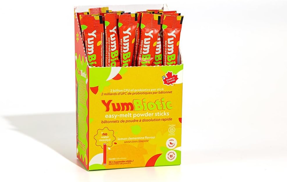Herbaland YumBiotic Powder Stick - Vegan, 2 billion CFU of probiotics & 520mg of prebiotics per Stick, Strawberry Shake, Lemon Clementine (1 x Lemon Clementine Yumbiotic Box, Lemon Clementine)