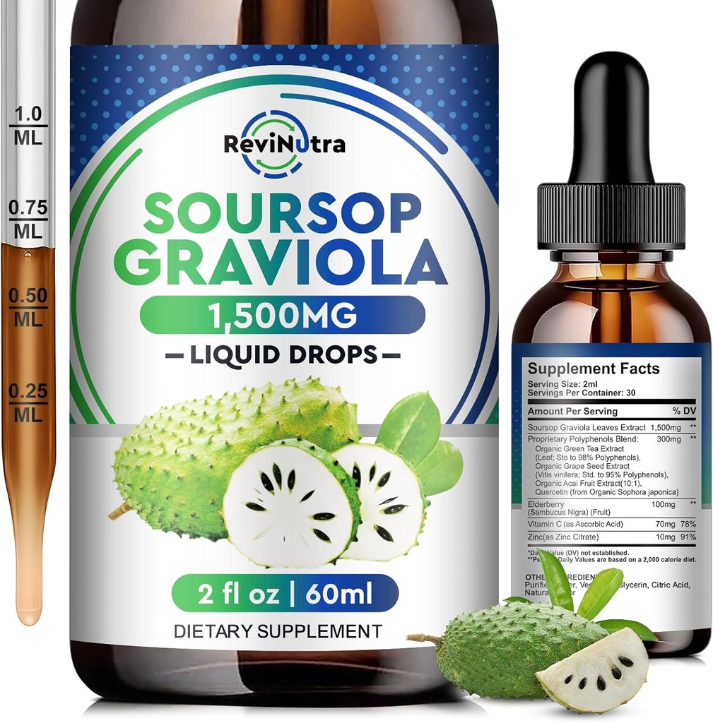 Soursop Graviola Liquid Drops - 8 in 1 Bio Soursop Extrakt mit Elderberry, Quercetin, Soursop Bitters Flüssige Ergänzungen für Immun-Boost, Kräuter Soursop Öl Graviola Blatt Tincture, 2 Fl Oz