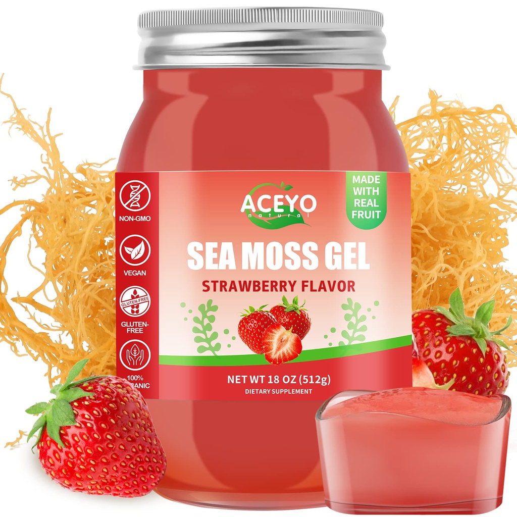 ACEYO (18 OZ) Irish Sea Moss Gel Raw Vegan Erdbeeren Flavor 102 Vitamine und Mineralien Wild Harvested Non-GMO Immune Defense Booster Schilddrüse Verdauungsunterstützung