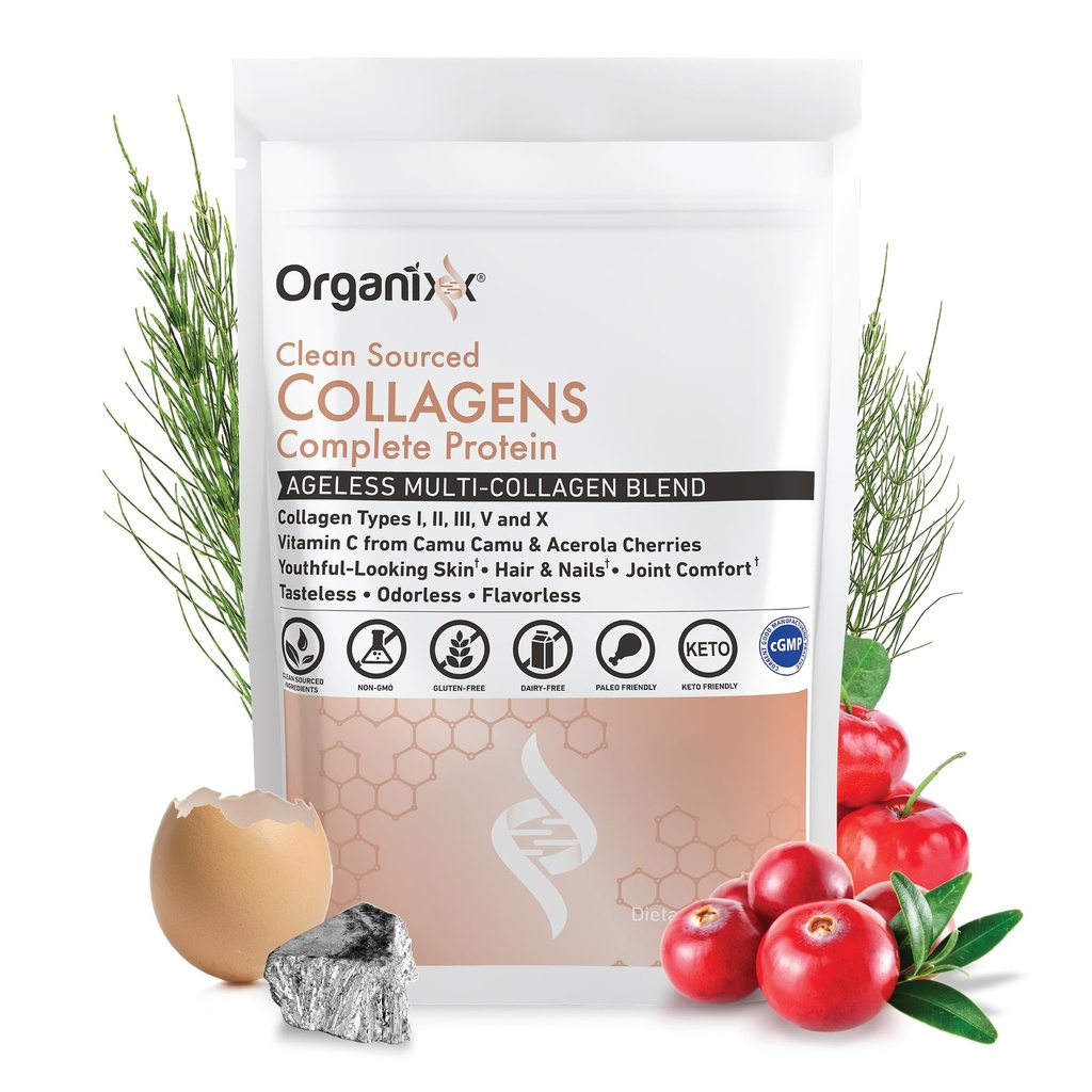 Organixx Collagen Peptides Pulver mit Vitamin C, Typen I, II, III, V, X Hydrolysiertes Kollagen, Haar, Nagel, Haut, Knochen & Gelenke Gesundheit, Aging Support, Clean Sourced, Glutenfrei, Unflavored, 30 Servierungen