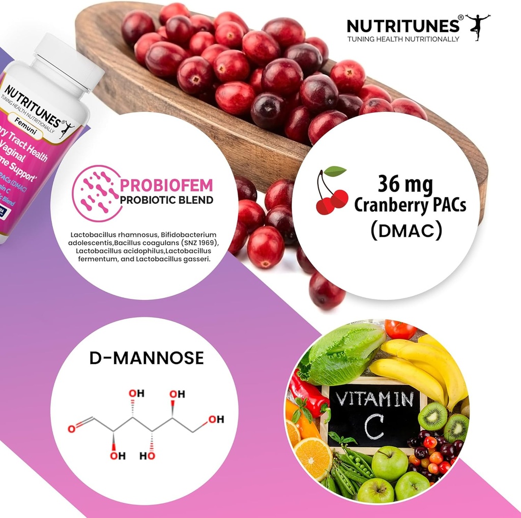 Cranberry PACs mit D Mannose Ergänzungen für Frauen, Vitamin C und Frauen Vaginal Probiotic einschließlich Lactobacillus und Bifidobacterium Stämme für Urinary Tract Health - 60 Femuni UTH Kapseln