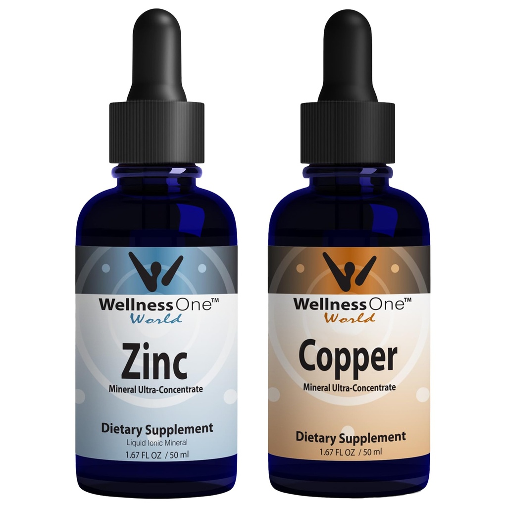 WellnessOne Ionic Liquid Zinc & Liquid Copper - Zink-Kupfer Bundle zur Unterstützung Immunsystem & Joint, Nerve & Bone Health - 1,67 fl oz Zink & Kupfer Flüssigkeitstropfen