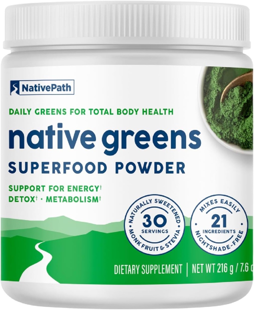 NativePath Native Greens Superfood Powder – Bio Greens, Spirulina, Beet Root Powder, Verdauungsenzyme, Probiotics, Nightshade-Free, Naturally Sweetened, 30 Portionen