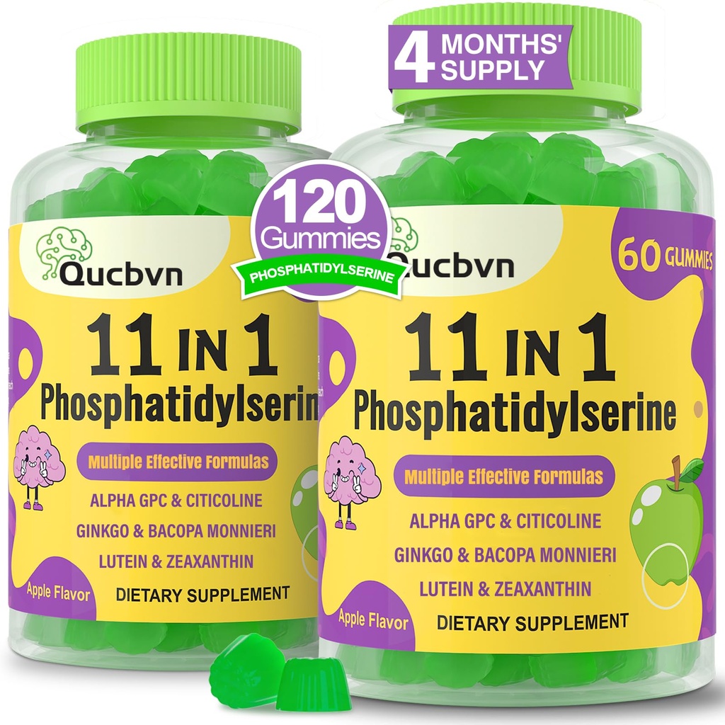 (2 Packs) Phosphatidylserine 600mg Gummis, Gehirnergänzung für Speicher, Fokus und Konzentration - Phosphatidylserine Memory Supplement mit Alpha GPC, B6 & B12 für Gehirn und kognitiv, 120 Gummies