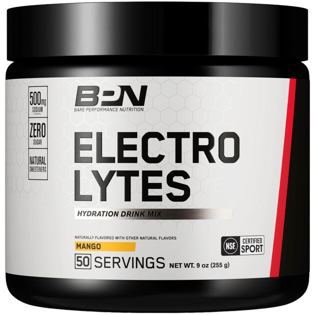 BARE PERFORMANCE NUTRITION BPN Elektrolyte Hydration Drink Mix | Zuckerfreies Elektrolytpulver | 500mg Natrium pro Servieren | Natürlich gesüßt | Mango, 50 Portionen
