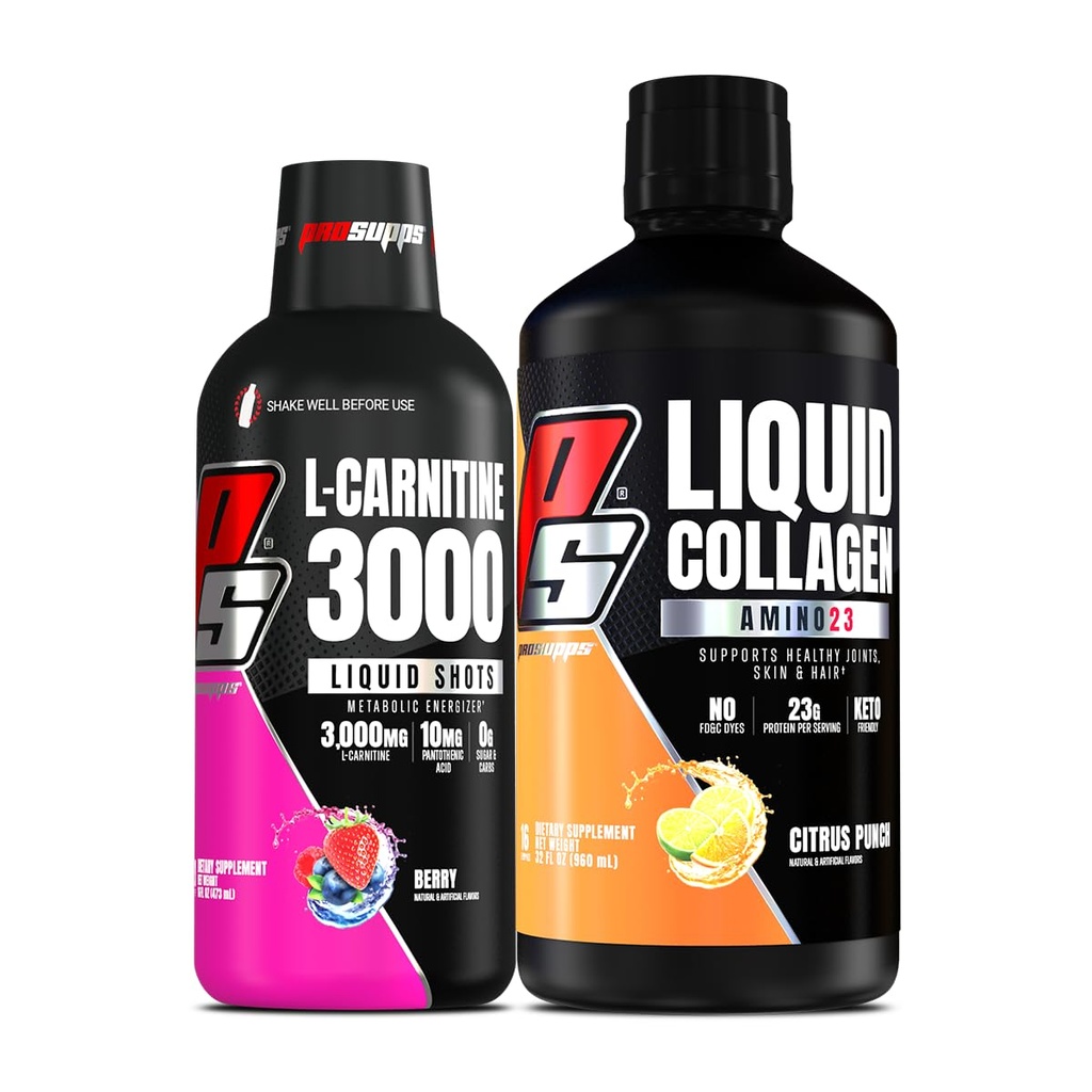 PROSUPPS L-Carnitin 3000 Stimulant freie flüssige Schüsse (Berry) Amino23 flüssige Collagen Schüsse (Citrus Punch) Bundle