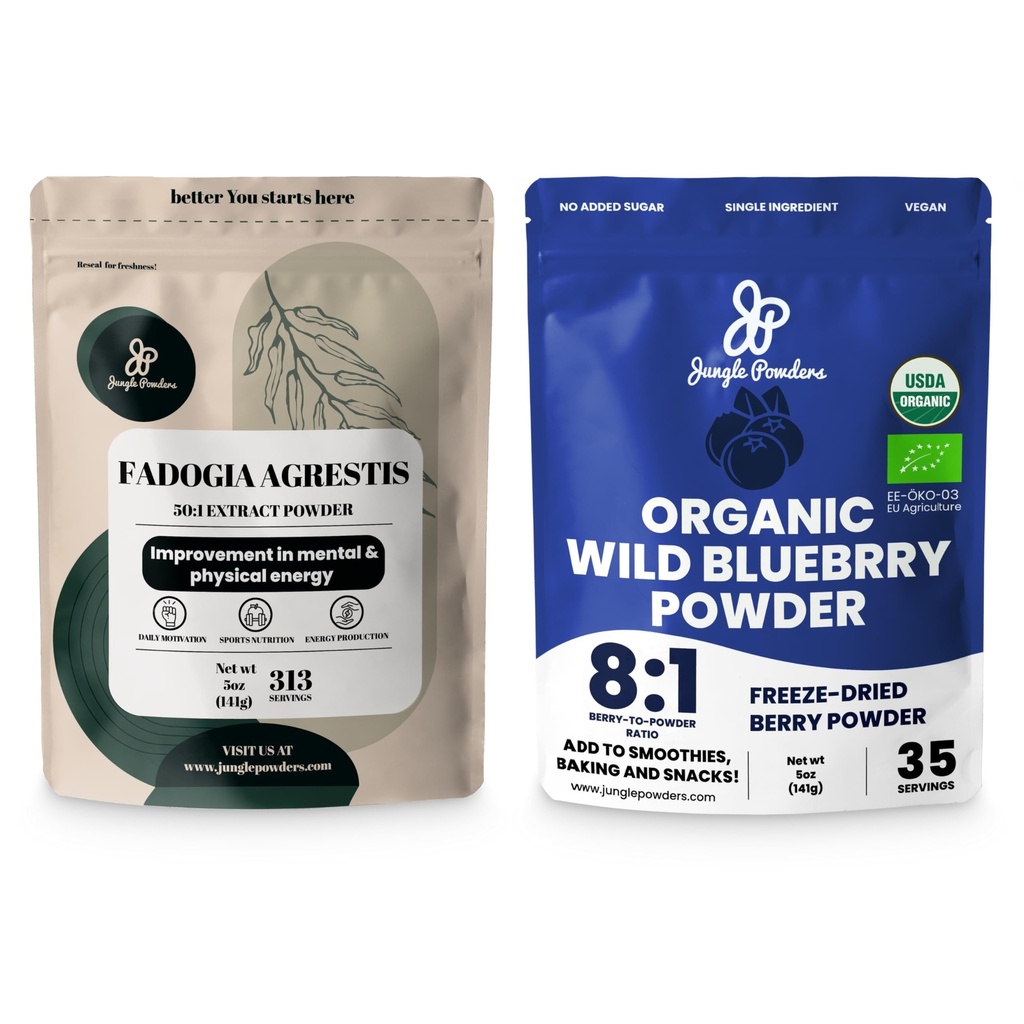 Dschungel-Pulver Männer Gesundheit & Vitalität Bundle: 5oz Fadogia Agrestis Extrakt-Pulver für Antrieb & Leidenschaft + 5oz USDA Certified Organic Wild Blueberry Powder for Enhanced Wellness in Smoothies & Baking!