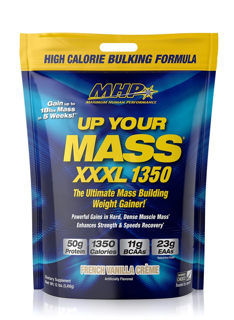 Maximale menschliche Leistung MHP UYM XXXL 1350 Mass Building Weight Gainer, Muskelmasse Gains, w/50g Protein, High Calories, 11g BCAAs, Leucine, French Vanilla Creme, 16 Servings