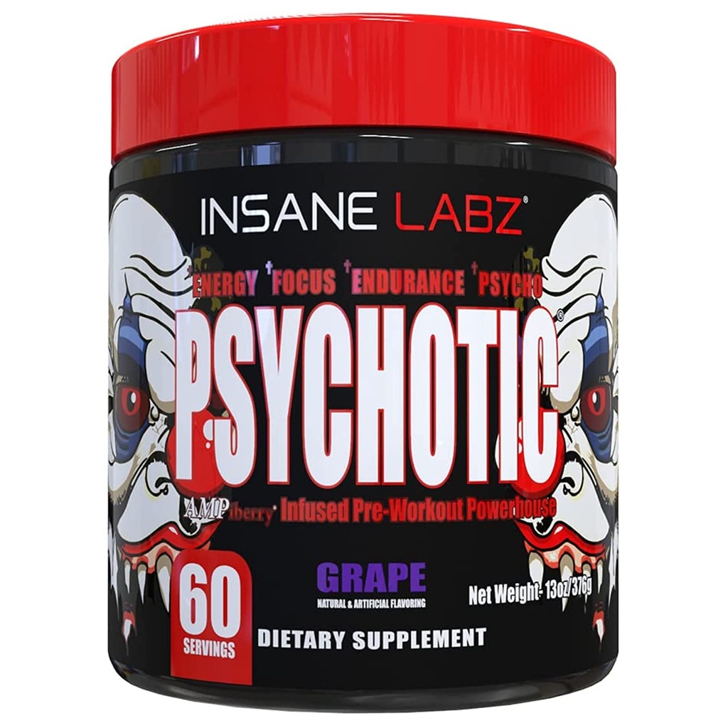 Insane Labz Psychotic, High Stimulant Pre Workout Powder, Extreme Lasting Energy, Fokus und Ausdauer mit Beta Alanine, Kreatin Monohydrat, DMAE, 60 Srvgs, Trauben