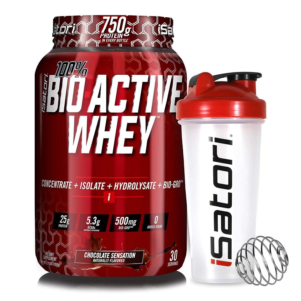 iSatori Bio-Active Whey Powder Chocolate Sensation (30 Servierungen) & iSatori Classic Blender Bottle (Klarflasche mit rotem Top)