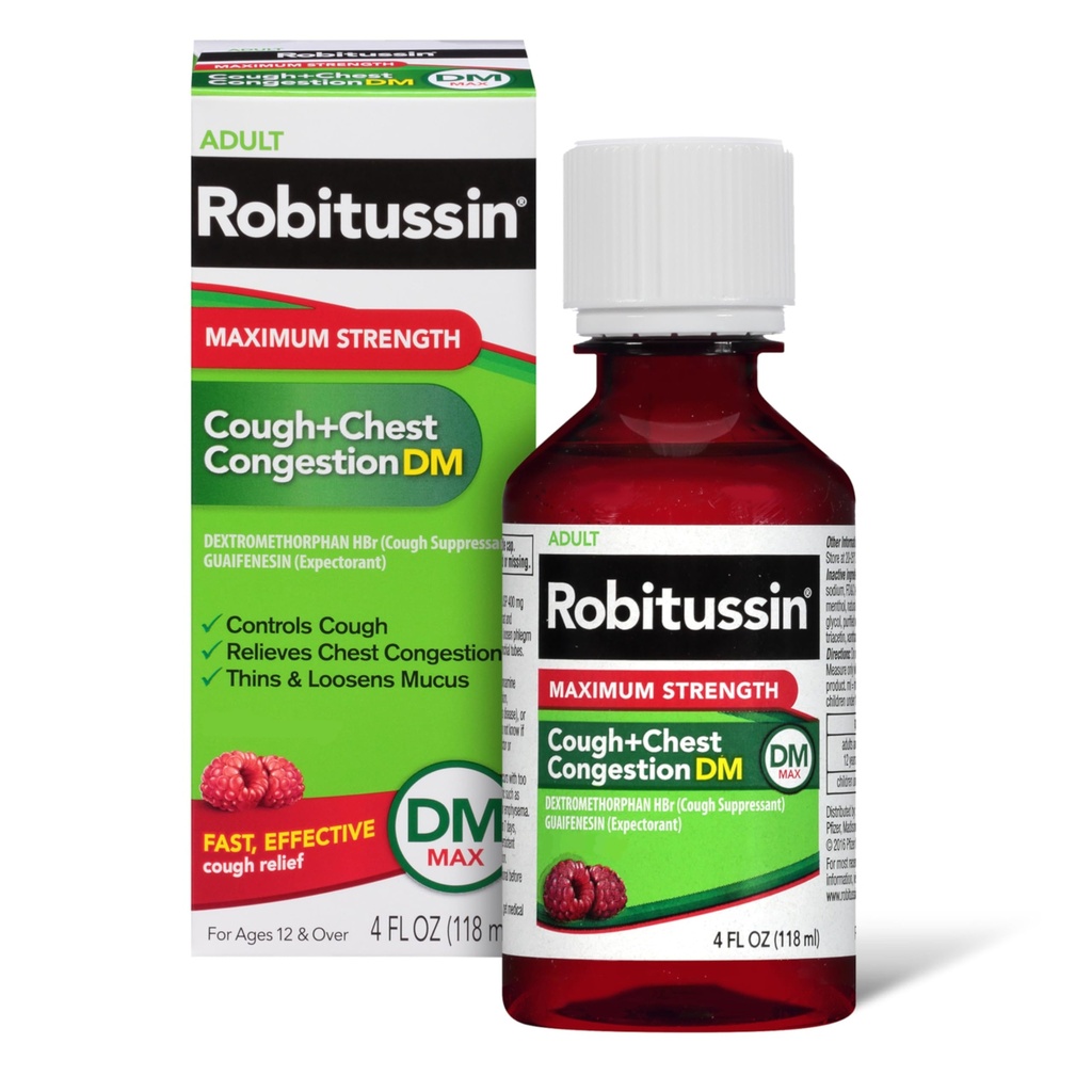 Robitussin Adult Maximum Strength Cough + Chest Congestion DM Max (4 fl. oz. Bottle), Cough Suppressant & Expectorant, Raspberry Flavor