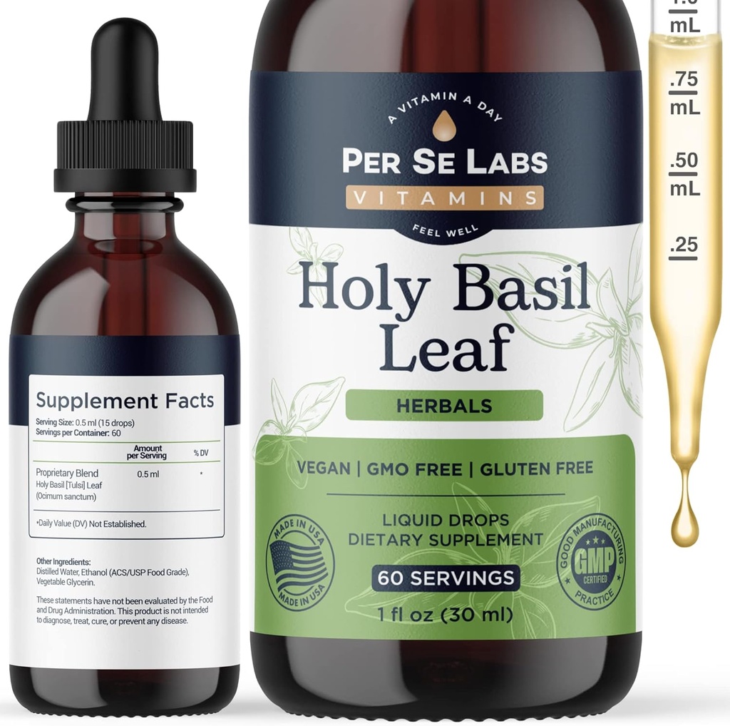 Organic Holy Basil Leaf Liquid Drops 2 Monate Versorgung - Immununterstützung, Gehirn & Fokus Booster, Adaptogen