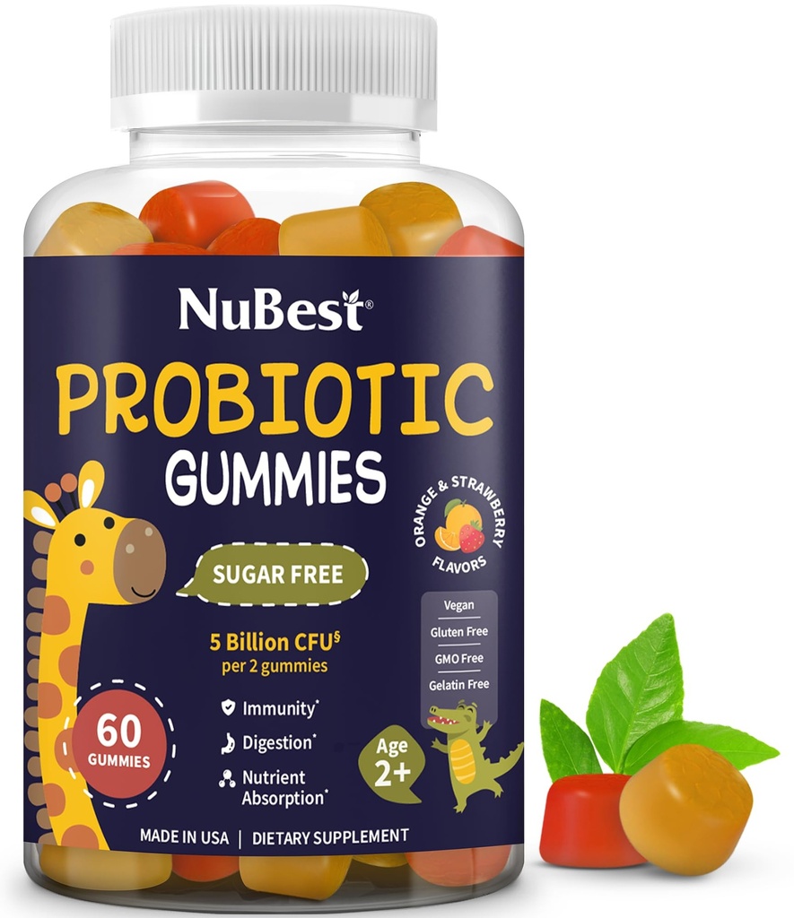 NuBest Daily Probiotic Gummies für Kinder & Jugendliche mit 5 Billion CFUs | Unterstützt Immun-, Gut- und Verdauungsgesundheit | Kein Hinzugefügt Zucker | Yummy Erdbeere & Orange Flavors | 60 Premium Vegan Gummies