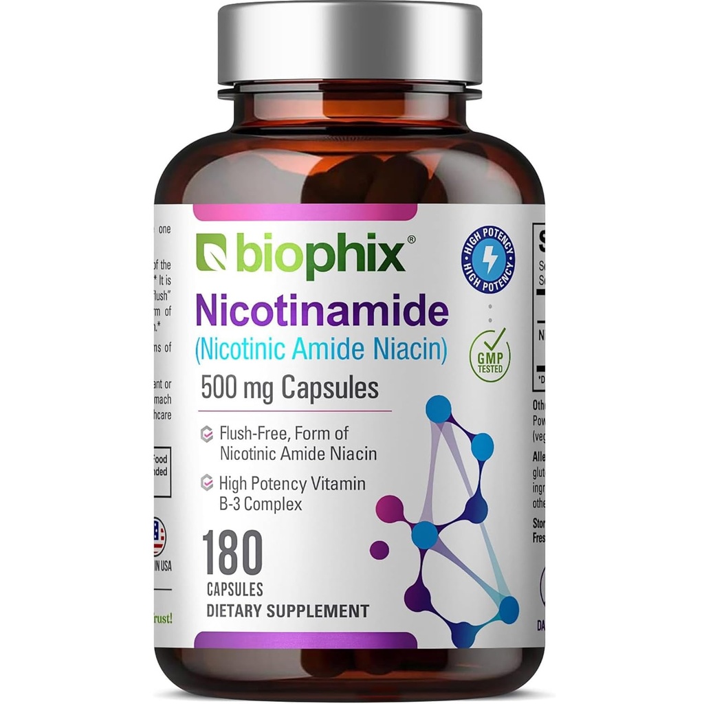 biophix B-3 Nicotinamid 500 mg 180 Caps - Nicotinic Amide Niacin Natural Flush-Free Vitamin Formula - Unterstützt Hautzellengesundheit