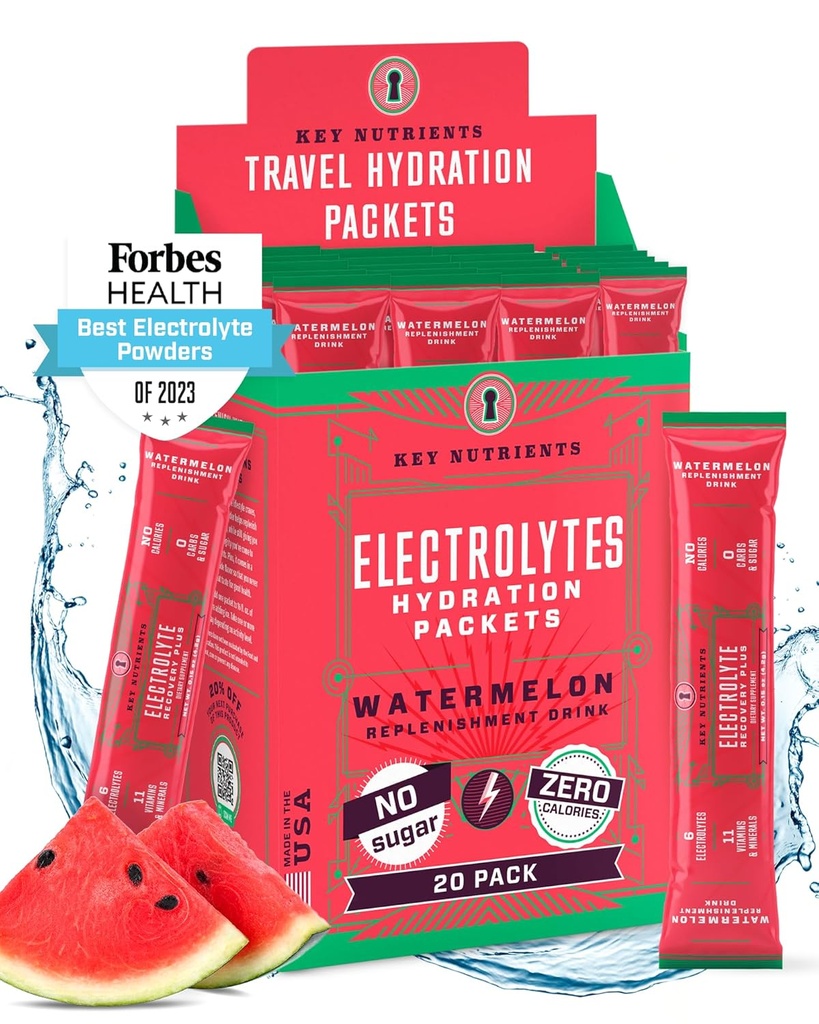 KEY NUTRIENTS Elektrolyte Pulver-Packets - Refreshing Watermelon 20 Pack Hydration Packets - Travel Hydration Powder - Kein Zucker, keine Kalorien, Glutenfrei - Made in USA