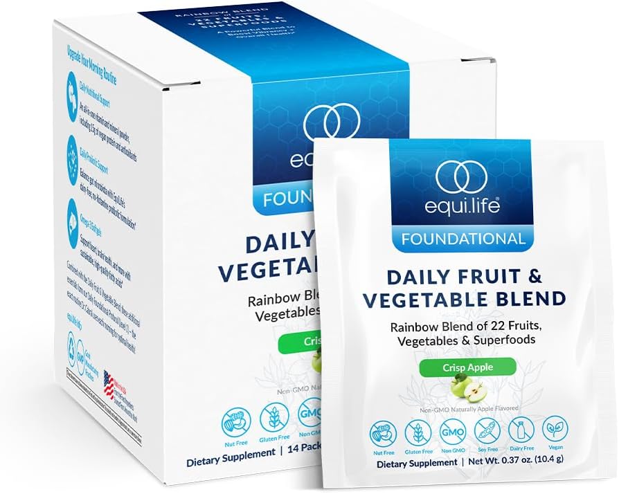 Equilife Daily Fruit & Vegetable Blend, Superfood Antioxidans Supplement, Crisp Apple Flavor mit Vitamin C, Fiber und 9 Essential Amino Acids, unterstützt Energie, Vegan, 14 Single Serve Packets