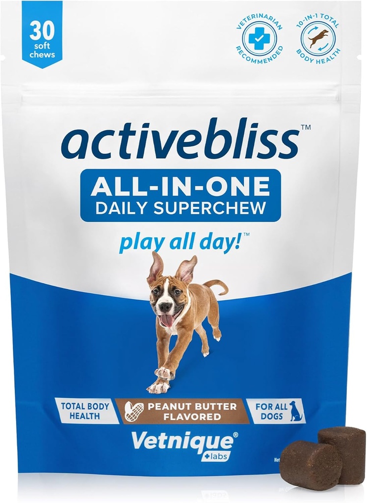 Vetnique Labs Activebliss Dog Multivitamin - Daily Treat mit Glucosamin, Omega 3, Verdauungsenzyme und Probiotika für Gelenk-, Verdauungs- und Immununterstützung - Dog Vitamins for Optimal Health, 30 Count