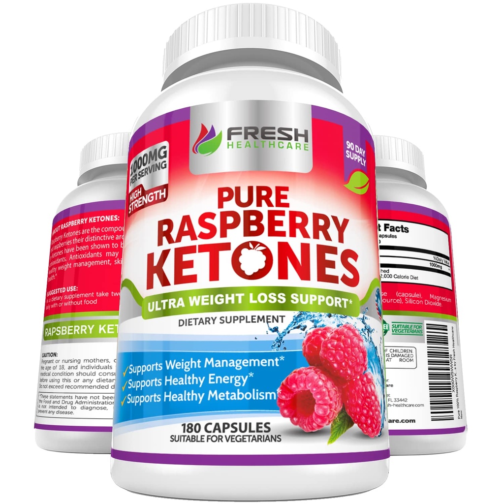 FRESH HEALTHCARE Pure 100% Himbeere Ketone Max 1000mg pro Servieren - 3 Monate Versorgung Non GMO - Advanced Weight Loss Support - 180 Kapseln