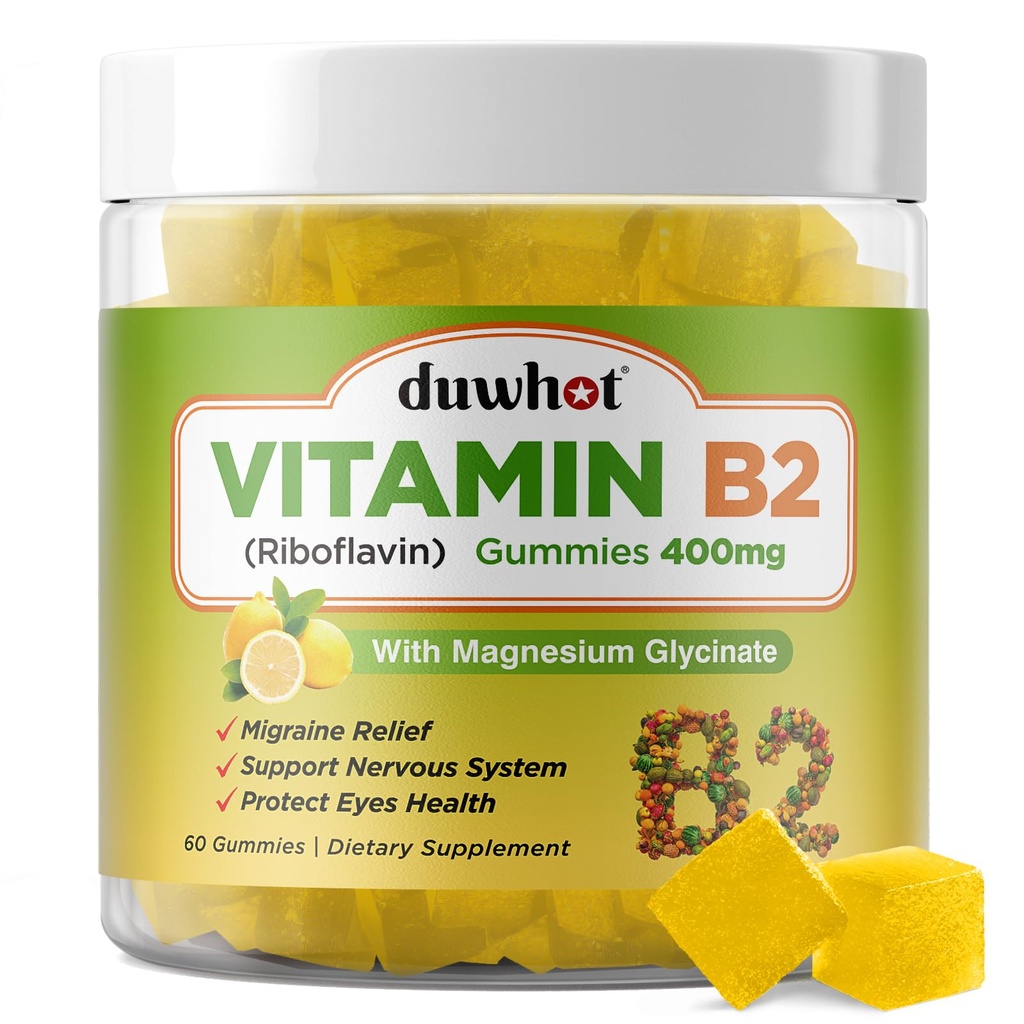 duwhot Vitamin B2 Gummies with Magnesium- Riboflavin 400mg for Migraine Relief & Headache Relief, B2 Vitamins Gummies for Adults & Kids, Vegan, 60 Chewable