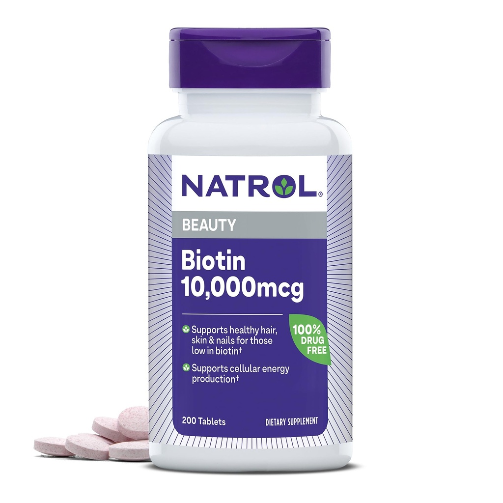 Natrol Biotin 10000mcg, Nahrungsergänzungsmittel für gesundes Haar, Haut und Nägel für Menschen mit niedrigem Biotingehalt, plus Energiestoffwechselunterstützung, 200 Tabletten, bis zu 200 Tage Versorgung