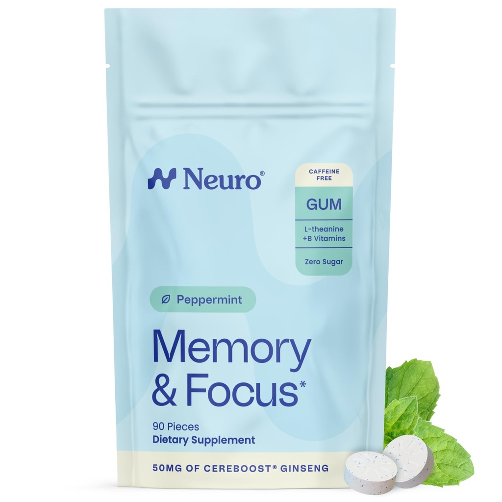 Neuro Memory & Focus Gum (90 Stück) - Decaf & Sugar Free mit American Ginseng, L theanine, Vitamin B12 & Vitamin B6 für Psychische Alertness - Gehirnergänzungen für Gedächtnis und Fokus - Pfefferminz Flavor