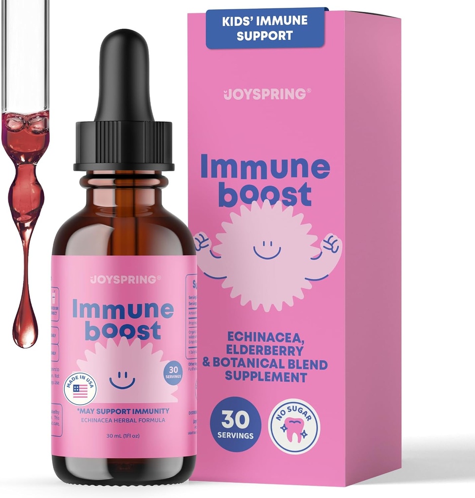 JoySpring Immuntropfen - Kinder Immununterstützungsergänzung (1 fl oz, 30 Servierungen) mit Organische Elderberryflüssigkeit, Echinacea, Oregon Grape Root & Orange Peel für Alter 2-16+ Jahre und Erwachsene