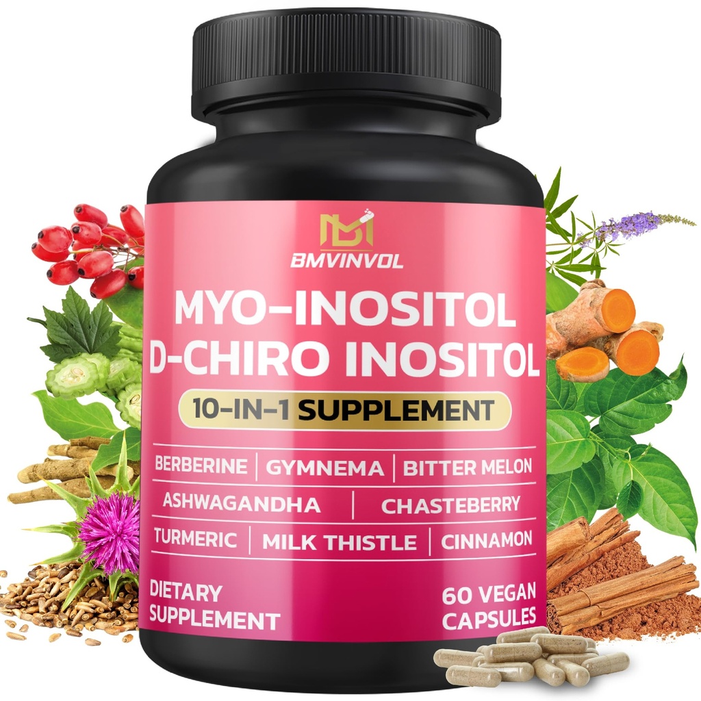 BMVINVOL Inositol Supplement - Myo-Inositol und D-Chiro Inositol Ideal 40:1 Ratio - Plus Berberine, Cinnamon, Ashwagandha + 5 Mehr - 60 Kapseln