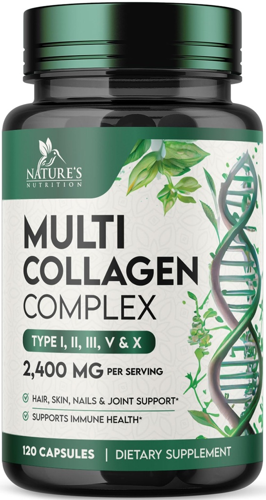 Multi Collagen Complex 2400mg Per Serving - Advanced Formula Types I, II, III, V, X - Hydrolyzed Collagen Pills - Collagen Peptides Supplement for Women & Men - Hair Skin & Nail Support - 120 Capsules