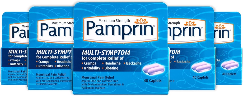 Pamprin Multi-Symptom-Formel, mit Acetaminophen, Menstruationsperiode Symptome Relief einschließlich Krämpfe, Schmerzen, Irritabilität und Bloating, 40 Caplets (Pack von 5)