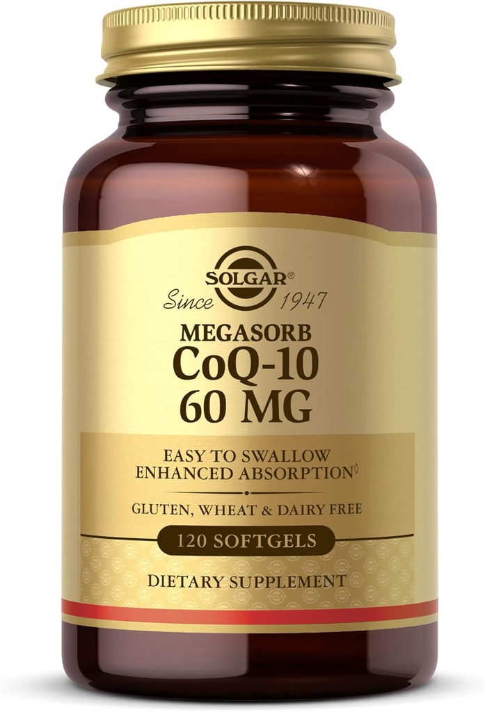 Solgar Megasorb CoQ-10 60 mg, 120 Softgels - Unterstützt Herz- und Hirngesundheit - Coenzym Q10 Supplement - Verbesserte Absorption, leicht zu schlucken - Glutenfrei, Dairyfrei - 120 Portionen