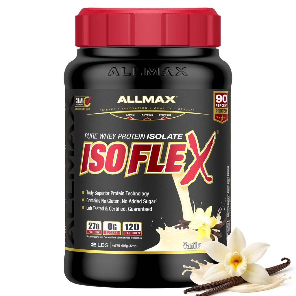 ALLMAX ISOFLEX Pure Whey Isolate Protein Powder - Gluten Free, Low Lactose, Sugar-Free - High-Protein, Clean, Keto-Friendly for Pre Post Workout Supplement for Women and Men | Vanilla, 2lb